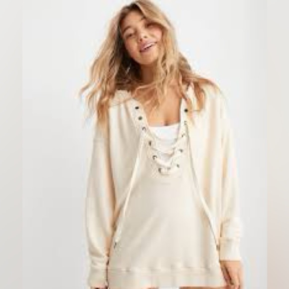 Oversized Lace Up Creamy Natural Top Size XS Aerie Loungewear Travel Sweatshirt